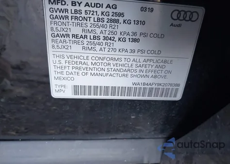 2019 Audi Sq5 3.0T Premium z USA, uszkodzony, nr VIN WA1B4AFY9K2078388